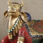 Brass Nandi Statue with Stonework | 15" x 21" x 11" | 22.5 kg | Intricate Stone Inlay | Traditional Hindu Temple Bull Sculpture | Sacred Art | Jaipurio